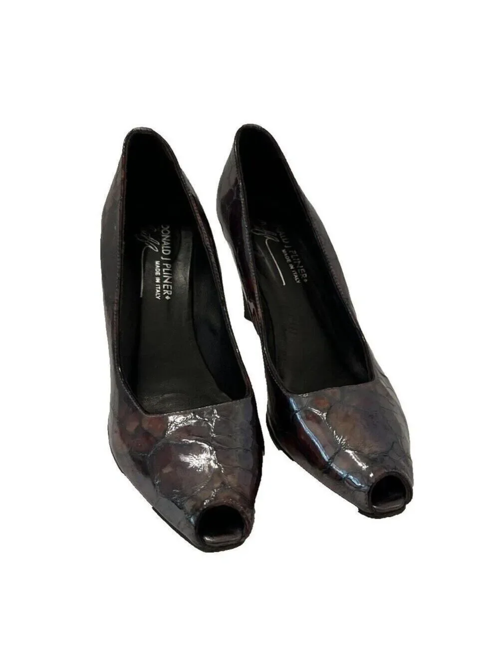 Donald J Pliner Arin Brown Tortoise Patent Leather Peep Toe Heels Sz 7M Italy